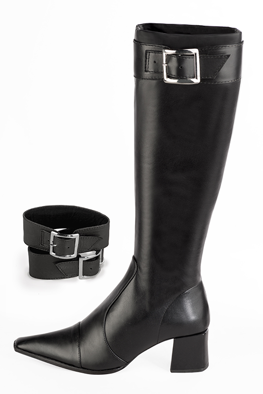 Satin black women's feminine knee-high boots. Tapered toe. Low leather soles. Made to measure. Worn view - Florence KOOIJMAN